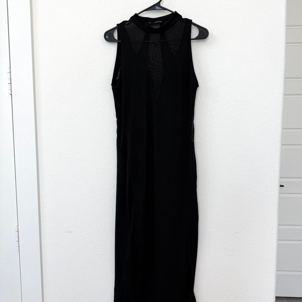 ZARA Mesh Panel Black‎ Bodycon Dress Sleeveless Mock Neck Sheer Edgy Gothic L